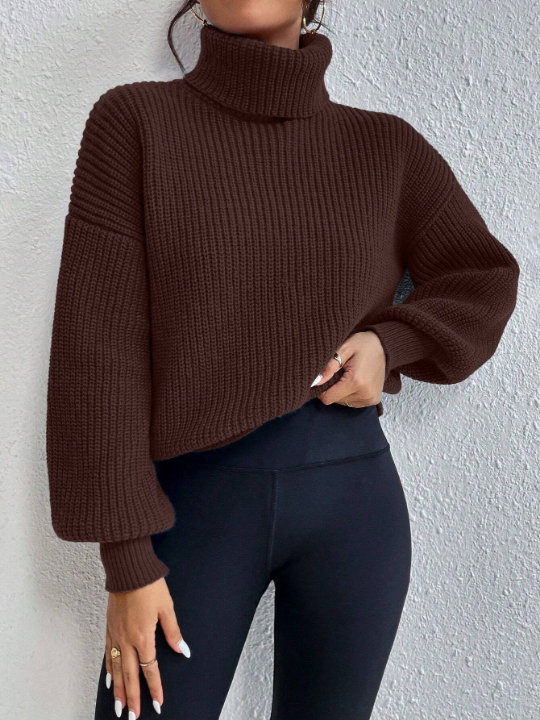 Frenchy Solid Color High-Neck Lantern Sleeve Sweater