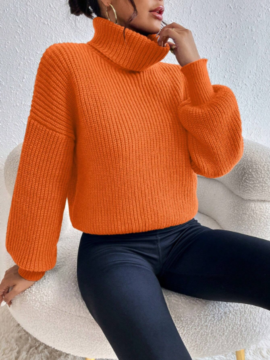 Frenchy Solid Color High Neck Lantern Sleeve Sweater