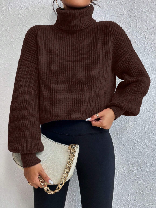 Frenchy Solid Color High-Neck Lantern Sleeve Sweater