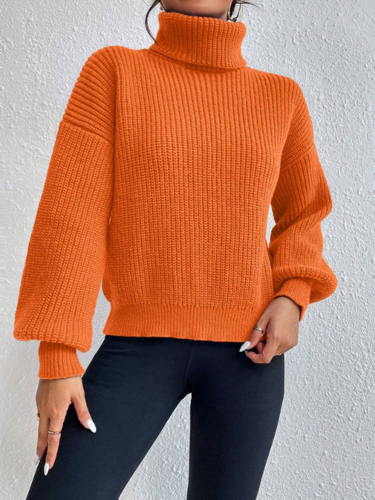 Frenchy Solid Color High Neck Lantern Sleeve Sweater