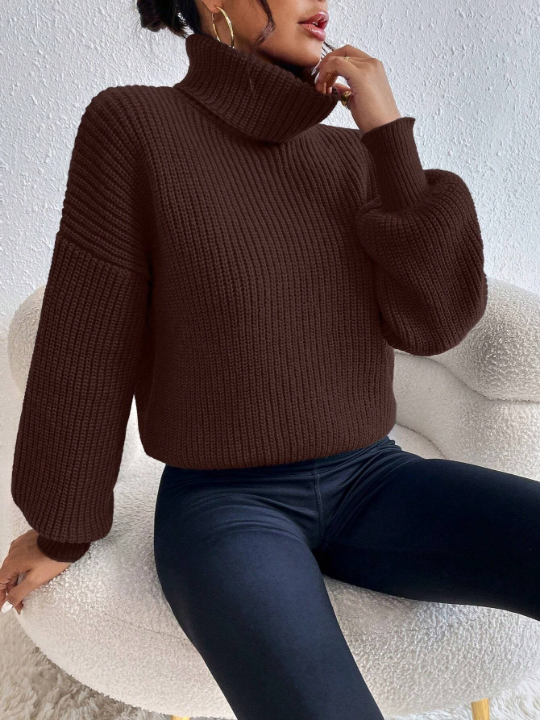 Frenchy Solid Color High-Neck Lantern Sleeve Sweater