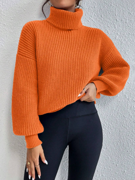 Frenchy Solid Color High Neck Lantern Sleeve Sweater