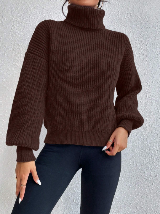 Frenchy Solid Color High-Neck Lantern Sleeve Sweater