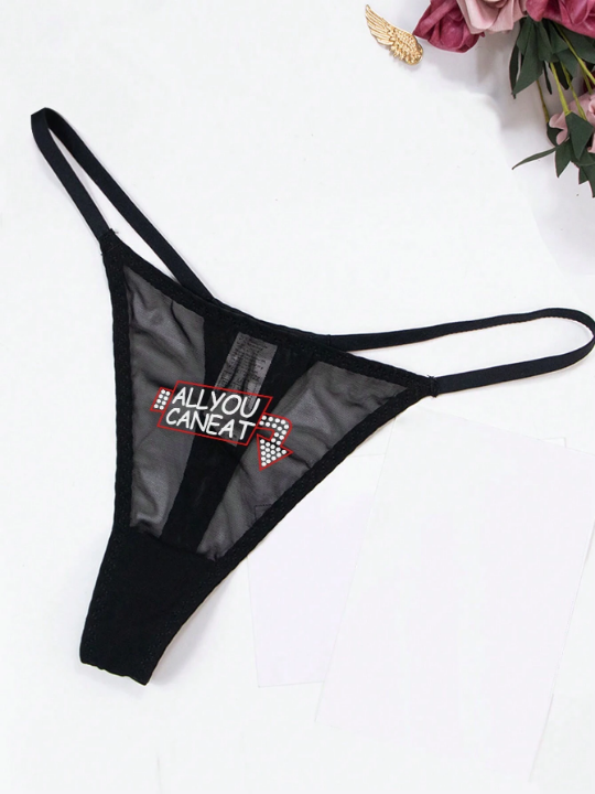 Lace & Cartoon Print Breathable Thong Panties For Women