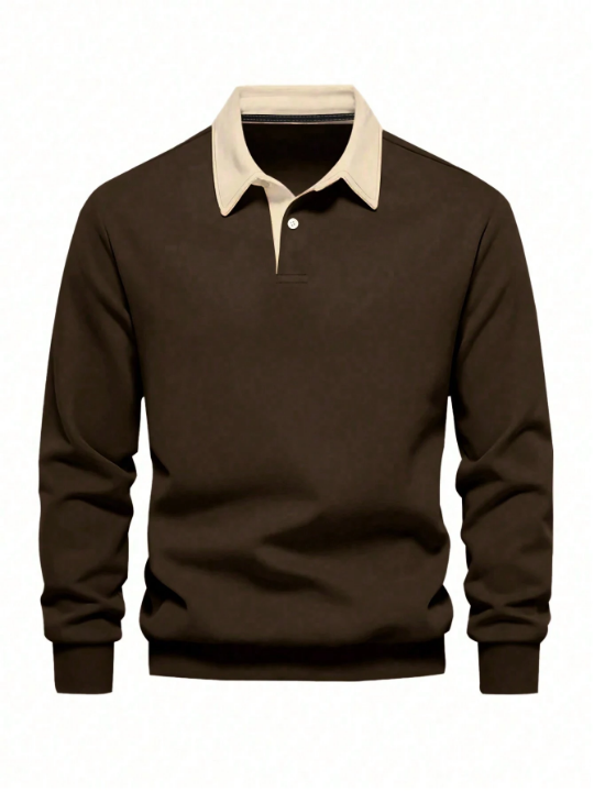 Manfinity Homme Men's Loose Color-Block Polo Collar Long Sleeve Sweatshirt