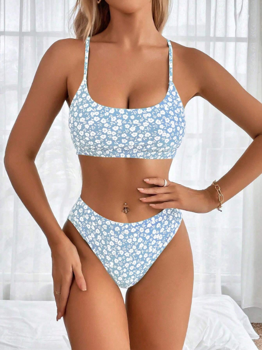 Swim Mod Ditsy Floral Print Bikini Swimsuit