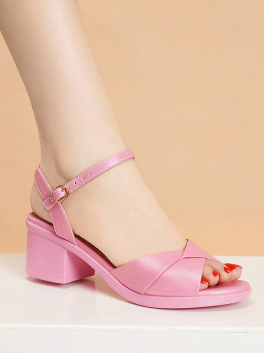 Summer New Arrival Pink Comfortable & Fashionable Chunky Heel Sandals With Ankle Buckle Strap