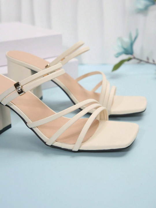 French Style Chunky Heel Square Toe Sandals For Women, Faux Leather, Beige, Summer Or Autumn