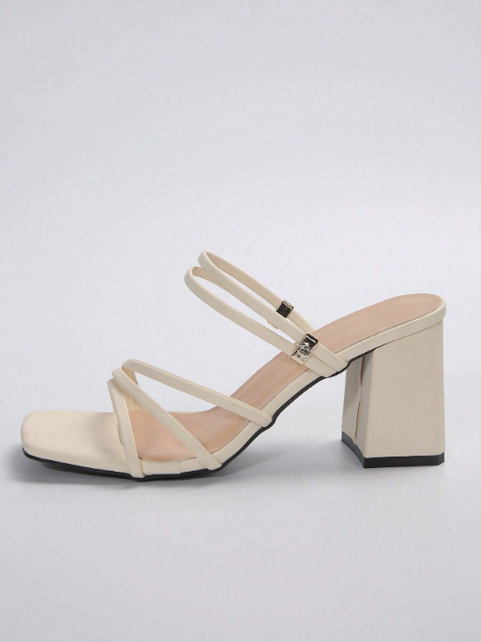 French Style Chunky Heel Square Toe Sandals For Women, Faux Leather, Beige, Summer Or Autumn