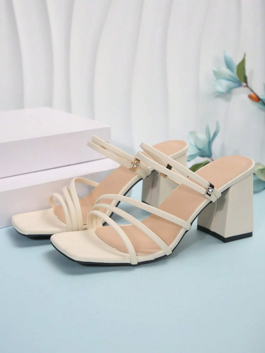 French Style Chunky Heel Square Toe Sandals For Women, Faux Leather, Beige, Summer Or Autumn