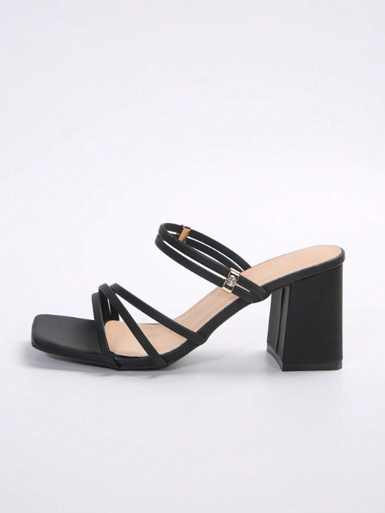 New Arrival French Style Black Peep Toe High Heel Sandals For Women, Made Of Shiny Synthetic Leather With Chunky Heels