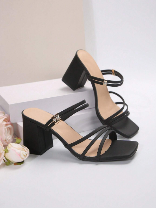 New Arrival French Style Black Peep Toe High Heel Sandals For Women, Made Of Shiny Synthetic Leather With Chunky Heels