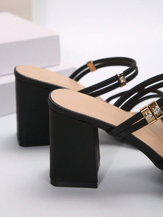 New Arrival French Style Black Peep Toe High Heel Sandals For Women, Made Of Shiny Synthetic Leather With Chunky Heels