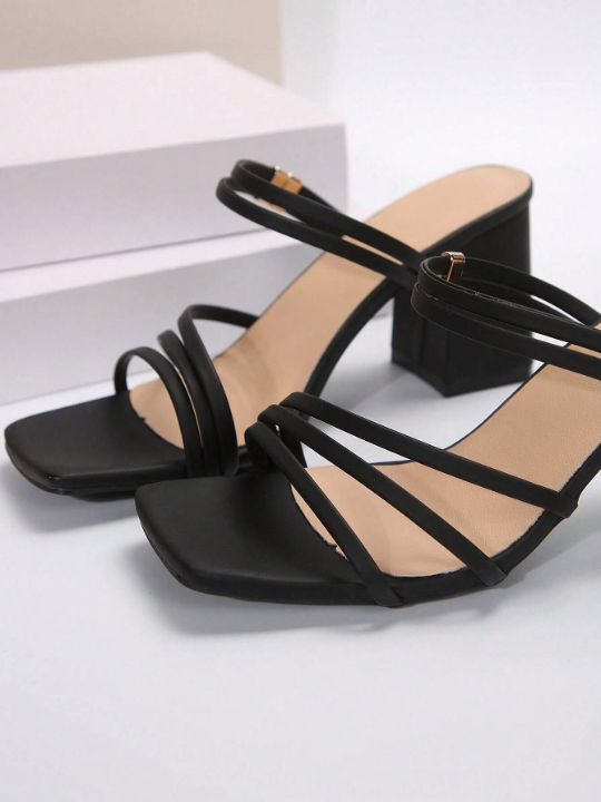 New Arrival French Style Black Peep Toe High Heel Sandals For Women, Made Of Shiny Synthetic Leather With Chunky Heels