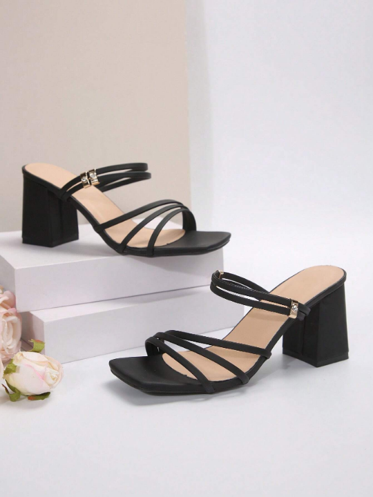 New Arrival French Style Black Peep Toe High Heel Sandals For Women, Made Of Shiny Synthetic Leather With Chunky Heels