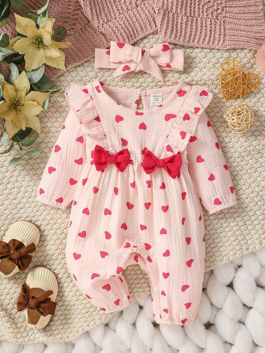 Newborn Baby Girls' Heart Print Ruffled Jumpsuit