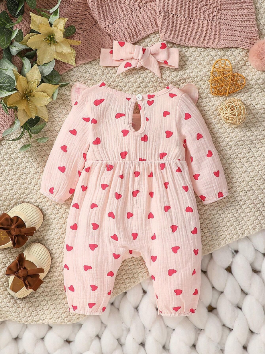 Newborn Baby Girls' Heart Print Ruffled Jumpsuit