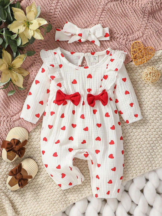 Newborn Baby Girls' Heart Print Ruffle Trim Romper