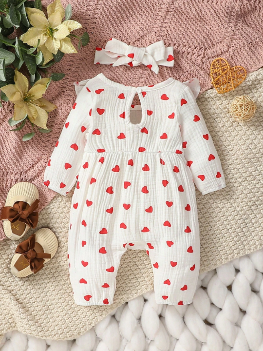 Newborn Baby Girls' Heart Print Ruffle Trim Romper