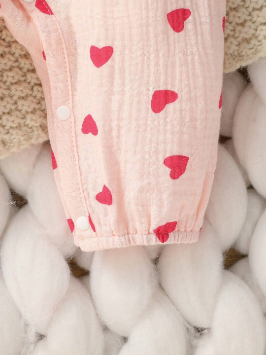 Newborn Baby Girls' Heart Print Ruffled Jumpsuit