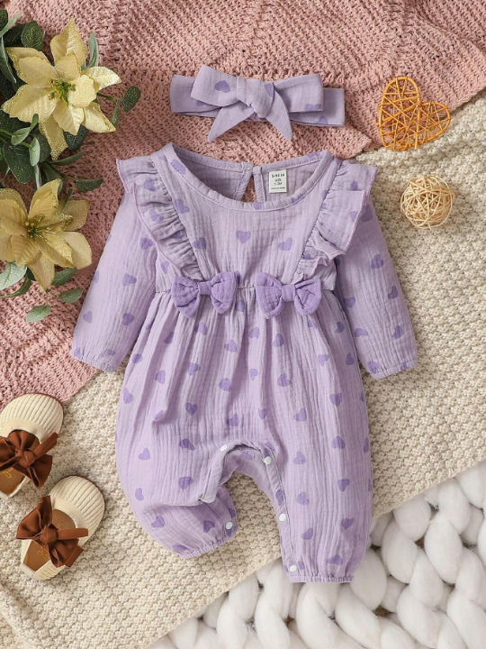 Baby Girl Heart Printed Ruffle Trim Romper (Newborn)