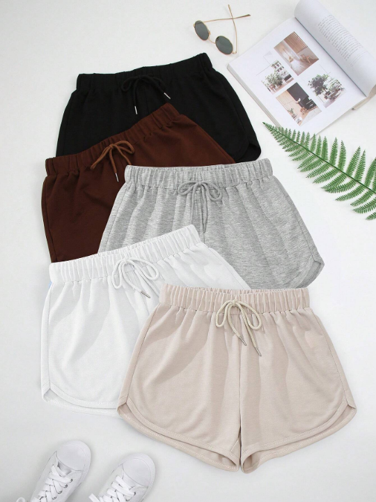 Solid Color Drawstring Waist Shorts