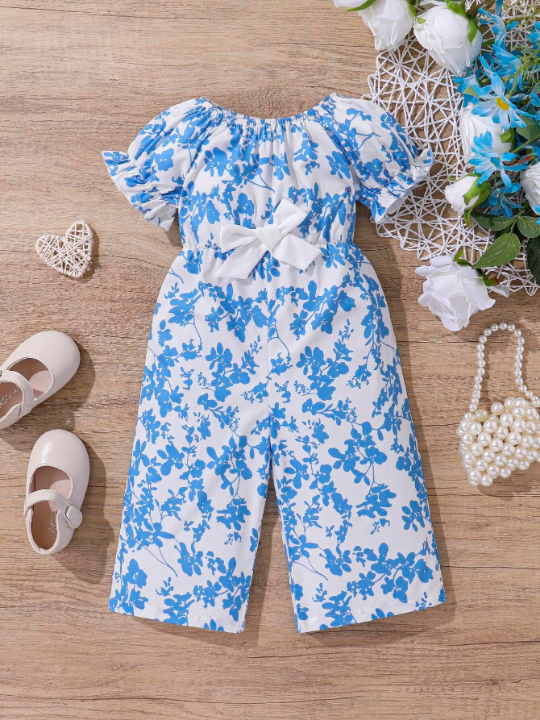 Baby Girl Floral Printed Casual Jumpsuit With Bowknot