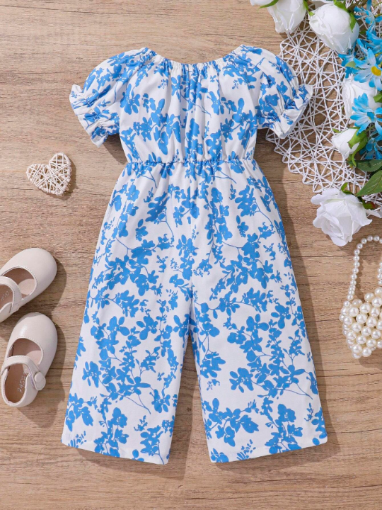 Baby Girl Floral Printed Casual Jumpsuit With Bowknot