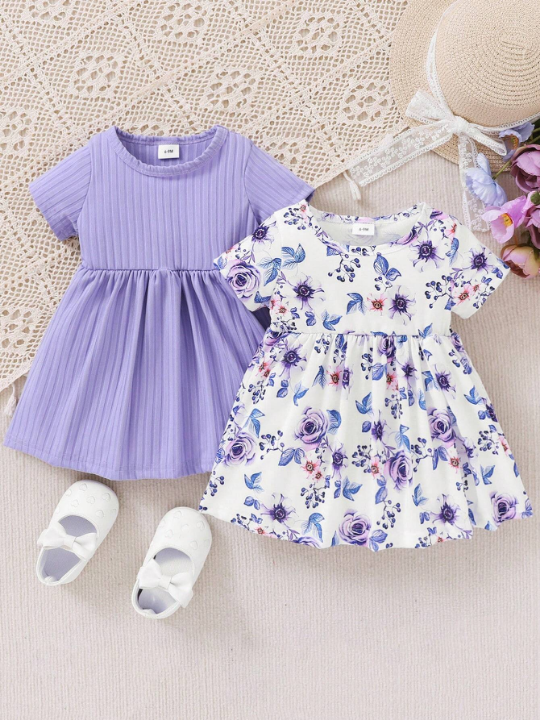 Spring 2pcs/Set Baby Girl Solid Color & Flower Printed Dresses