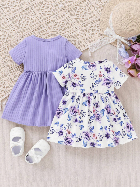 Spring 2pcs/Set Baby Girl Solid Color & Flower Printed Dresses