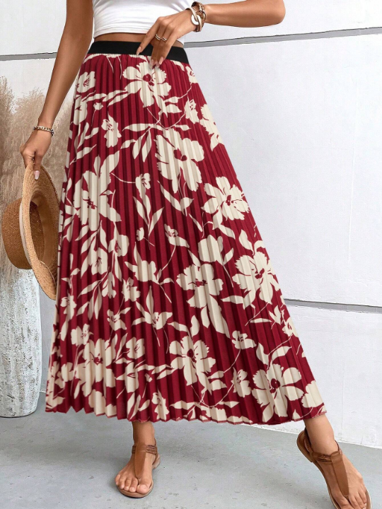 VCAY Floral Print Pleated Skirt