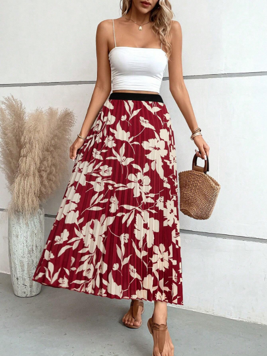 VCAY Floral Print Pleated Skirt