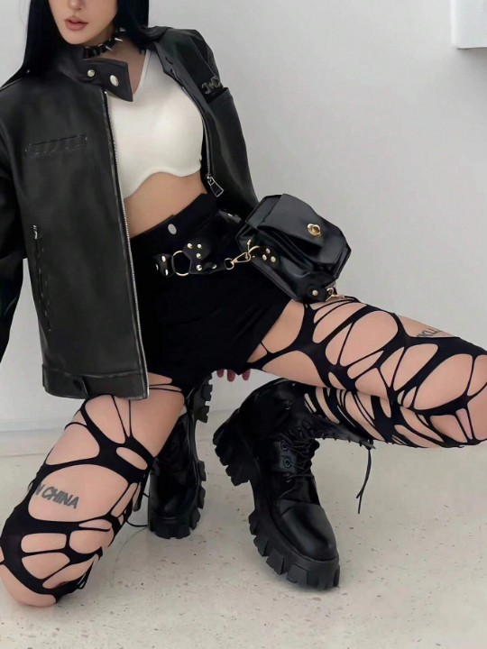 Women's Sexy Subculture Black Torn Fishnet Stockings Y2k Style Hand Ripped Netted Tights, No Socks Included