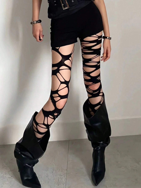 Women's Sexy Subculture Black Torn Fishnet Stockings Y2k Style Hand Ripped Netted Tights, No Socks Included