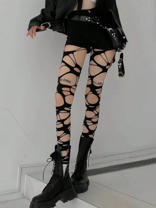 Women's Sexy Subculture Black Torn Fishnet Stockings Y2k Style Hand Ripped Netted Tights, No Socks Included