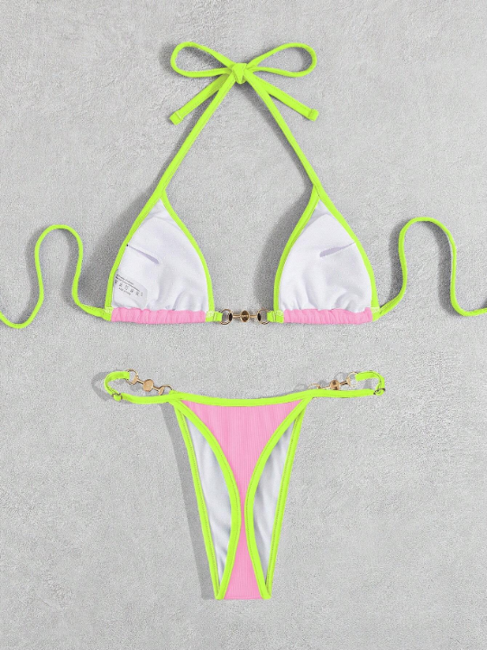 Swim Vcay Ladies' Halter Triangle Bikini Set With Metal Connector And Color-Block Edge Design Music Festival