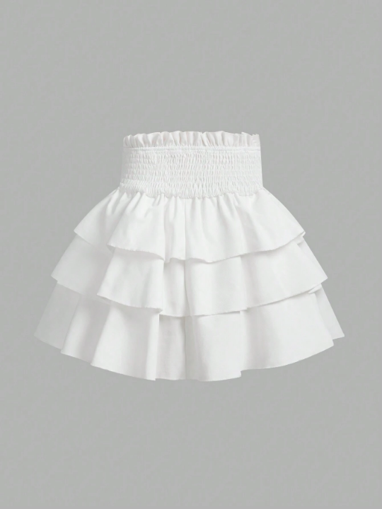 Tween Girl's Waist Gathering Trimmed With Ruffles, Bowknot Decor, Cute Cake Skirt With Splicing Design