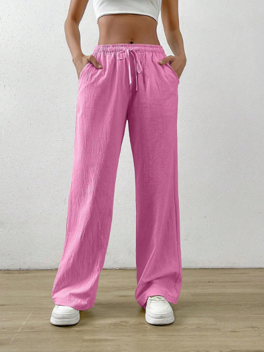 EZwear Solid Color Drawstring Waist Long Pants