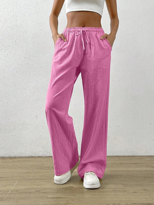 EZwear Solid Color Drawstring Waist Long Pants