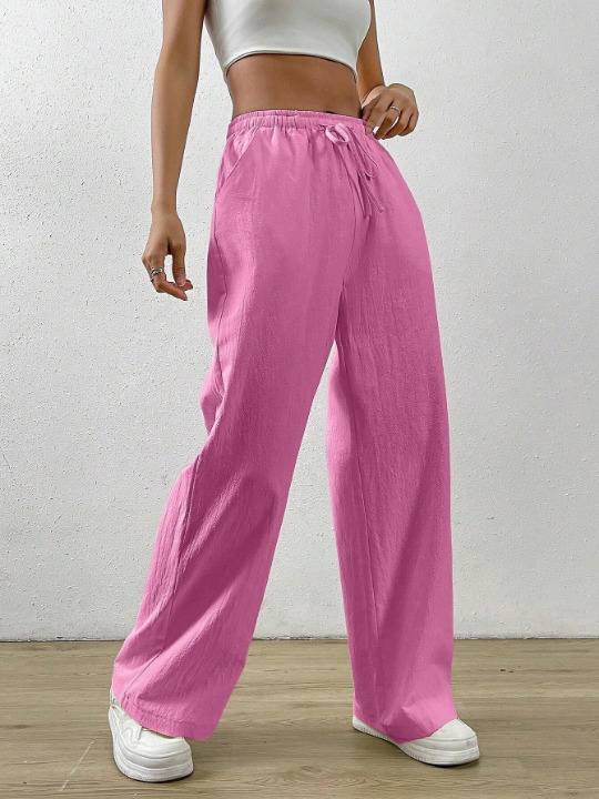 EZwear Solid Color Drawstring Waist Long Pants