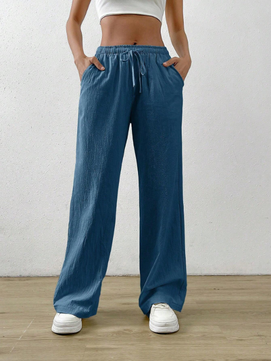 EZwear Solid Color Drawstring Waist Long Pants