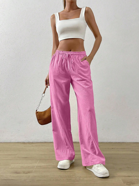 EZwear Solid Color Drawstring Waist Long Pants