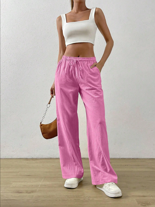 EZwear Solid Color Drawstring Waist Long Pants