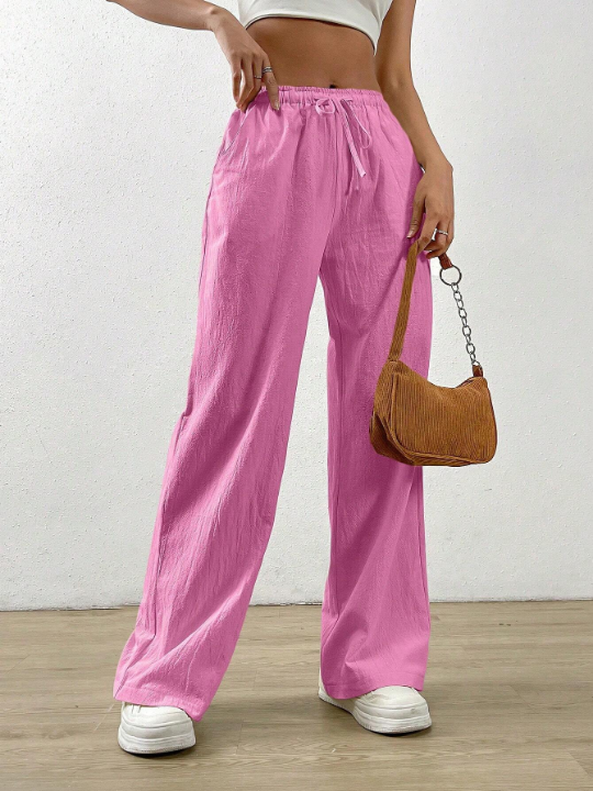 EZwear Solid Color Drawstring Waist Long Pants