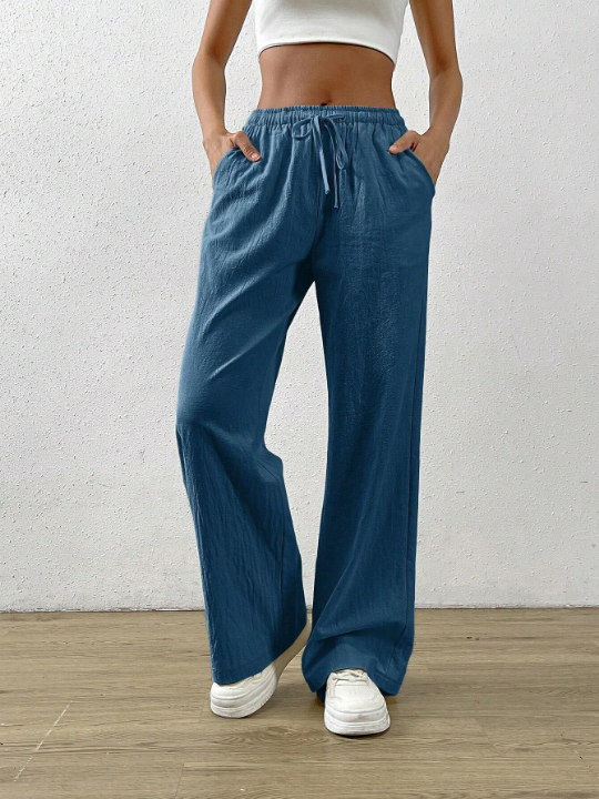 EZwear Solid Color Drawstring Waist Long Pants