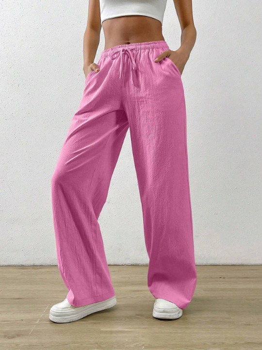 EZwear Solid Color Drawstring Waist Long Pants