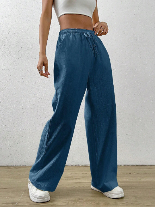 EZwear Solid Color Drawstring Waist Long Pants