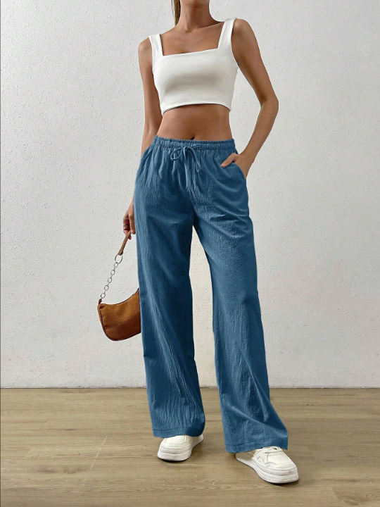 EZwear Solid Color Drawstring Waist Long Pants