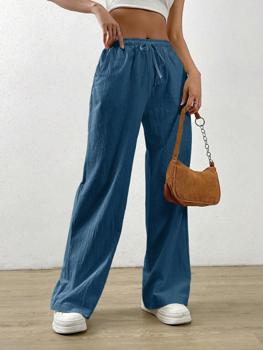 EZwear Solid Color Drawstring Waist Long Pants