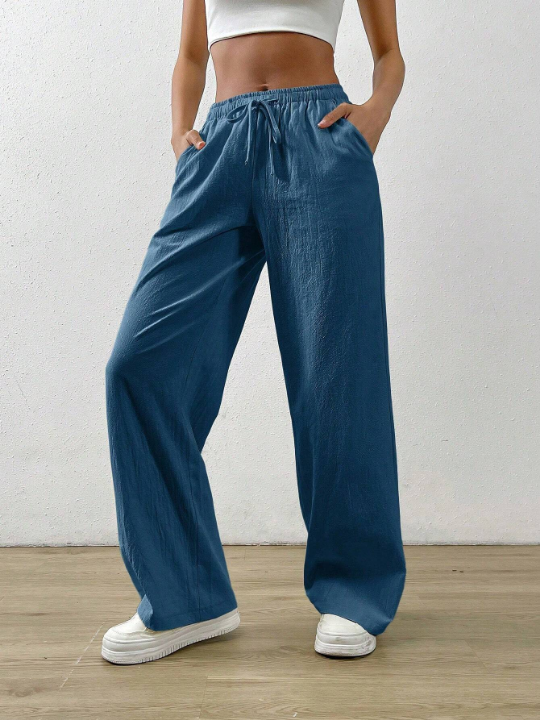 EZwear Solid Color Drawstring Waist Long Pants